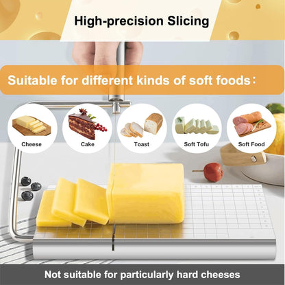 Cheese Slicer with Measuring Grids, Stainless Steel Metal Cheese Cutter and Cutting Board for Block Cheese, with 5 Replacement Extra Wires, Easy to Clean, Dishwasher Safe