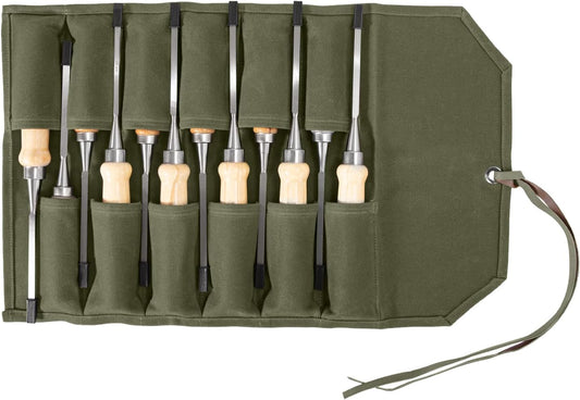 Chisel Roll,6 Pockets Roll Up Tool Pouch,Waxed Canvas Small Tool Roll Organizer and Wrench Roll Up Pouch,Store Chisel,Wrench,Pliers,Carving Knife (Brown)