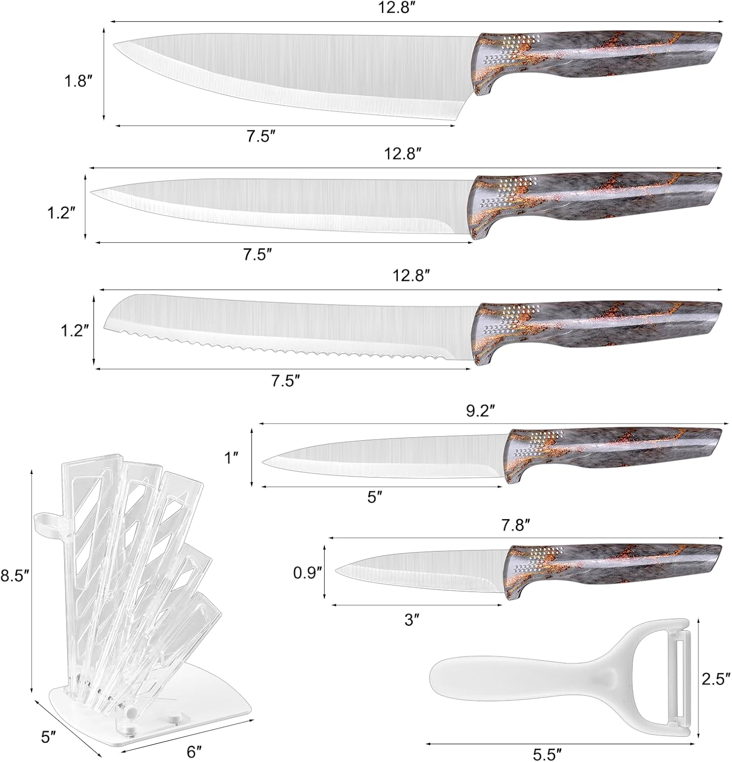 Professional 6-Piece Kitchen Knife Set with Acrylic Block - Knives Set for Kitchen, Universal Knife Block, Utility Knife Block Set, New Home Essentials, Apartment Essentials, Dishwasher Safe