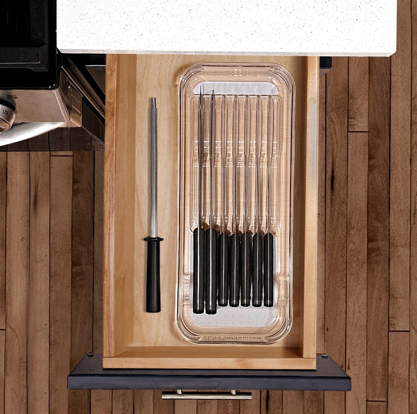 madesmart Premium Knife Drawer Organizer, In Drawer Knife Storage for 7 Knives, Clear Knife Tray for Kitchen Drawers, Space Saving Knife Block Alternative, Clear