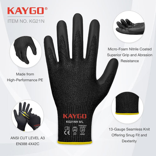 KAYGO 12 Pairs Cut Resistant Work Gloves for Men and Women,ANSI A3 Cutting Gloves,Nitrile Micro-Foam Safety Work Gloves KG21NB,Ideal for Wood Carving,Glass Handling, Construction,Fishing,Grey,S
