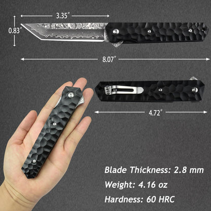 AUBEY Damascus Pocket Knife with Clip, Sharp Tanto Blade with VG10 Core Folding Knife with Abalone Shell Handle and Glass Breaker, EDC Camping Knife for Gift Survival Collection