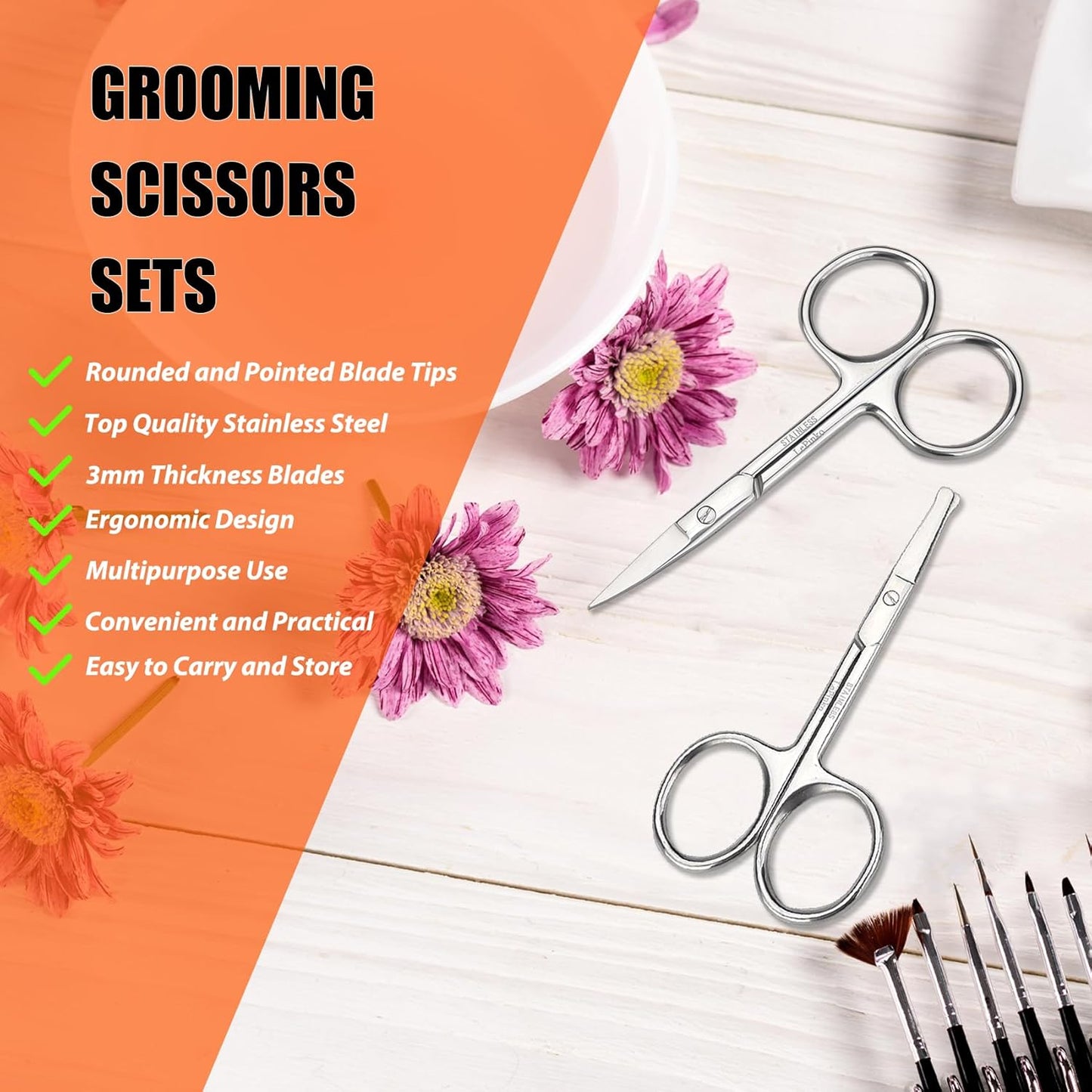 Facial Hair Small Grooming Scissors For Men Women - Eyebrow, Nose Hair, Mustache, Beard, Eyelashes, Ear Trimming Kit - Curved and Rounded Safety Tip Clippers For Hair Cutting - 2PCS Silver