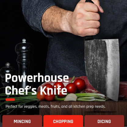COOLINA Daozi 8" Butcher Knife, Hand-Forged High-Carbon Steel Cleaver for Heavy-Duty Meat Cutting, Slicing, Chopping, Brisket & BBQ, Full-Tang Forged Blade with Ergonomic Wood Handle
