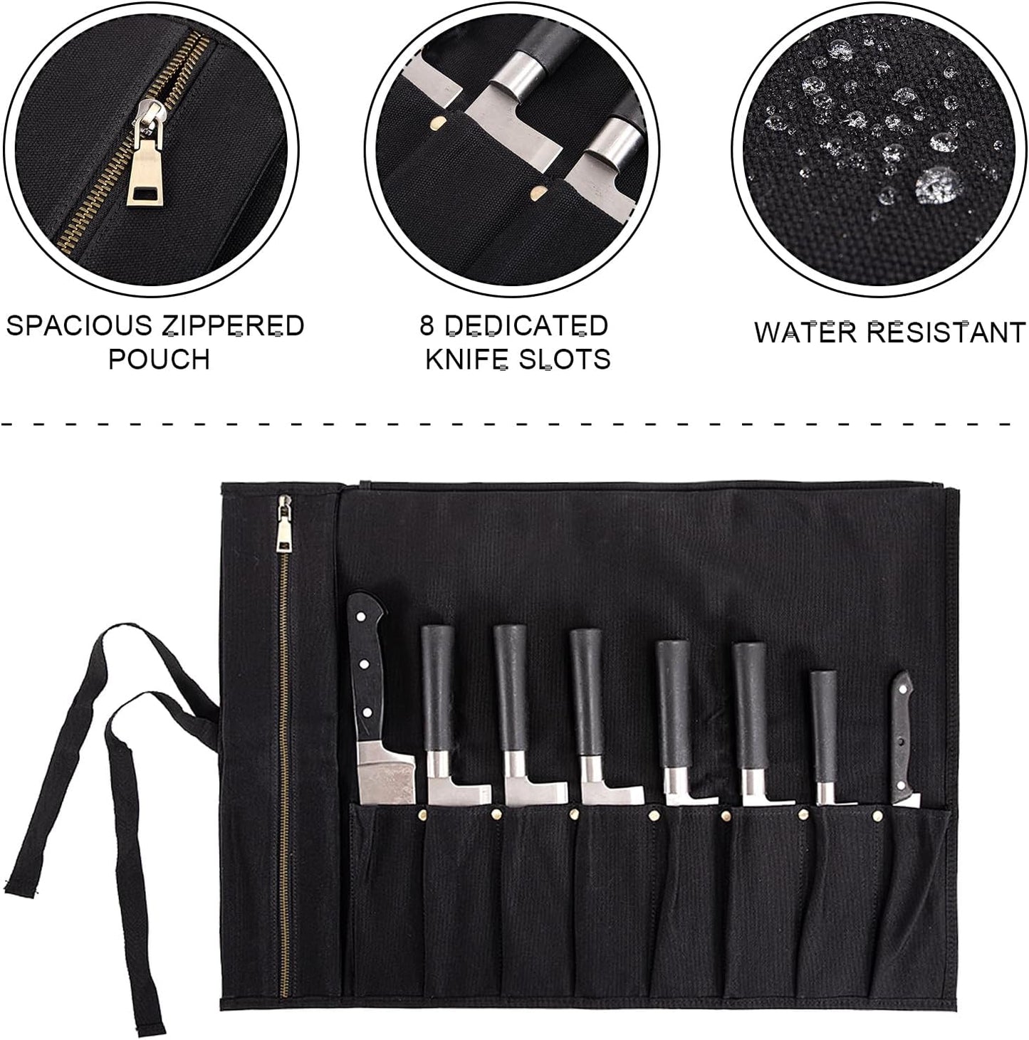 Chef Knife Roll Bag, Waxed Canvas knife bags for chefs professional, Portable 8 Slots Chef Knife Case With 1 Zipper Pockets & 8 Plastic Knife Guards Can Camping and Hold Home Kitchen Knife Tools