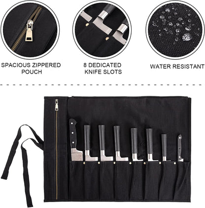 Chef Knife Roll Bag, Waxed Canvas knife bags for chefs professional, Portable 8 Slots Chef Knife Case With 1 Zipper Pockets & 8 Plastic Knife Guards Can Camping and Hold Home Kitchen Knife Tools