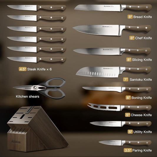 Astercook 17-Piece Knife Block Set with Built-in Sharpener, German Stainless Steel Full Tang Kitchen Knives, Ergonomic Walnut Handle Cutlery Set for Home Cooking & Gifting