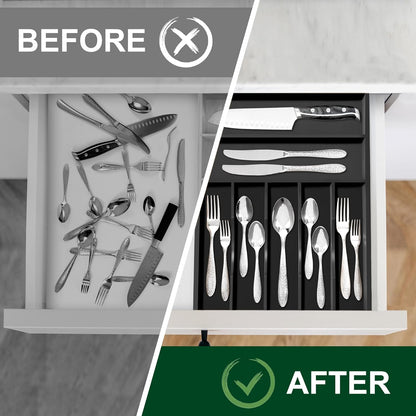 Bellsal Natural Utensil Organizer 12.5 Inch Silverware Organizer for Drawer Utensil Holder Cutlery Organizer Kitchen Drawer Organizer 7 Compartment Small Narrow Bamboo