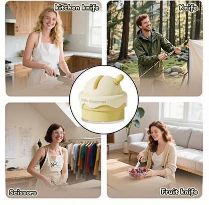 Ice Cream Shaped Knife Sharpener,Cream Yellow,Ceramic V-Groove,6.5x2.6 Inch Portable Knife&Scissor Sharpener with Non-Slip Base,Ceramic Wheels,Fast & Easy Tool for Kitchen,Camping