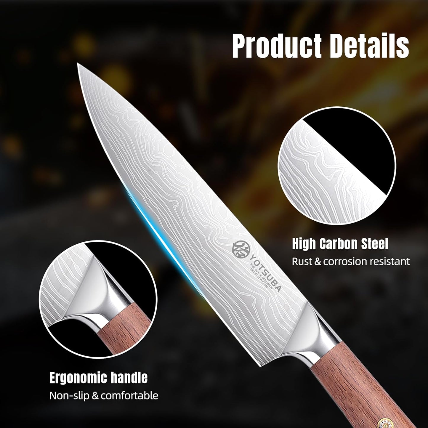 YOTSUBA 3 PCS Japanese Kitchen Knife Set, Razor Sharp High Carbon Stainless Steel Chef Knives with Ergonomic Natural Rosewood Handle, Premium Gift Box for Home & Restaurant Use