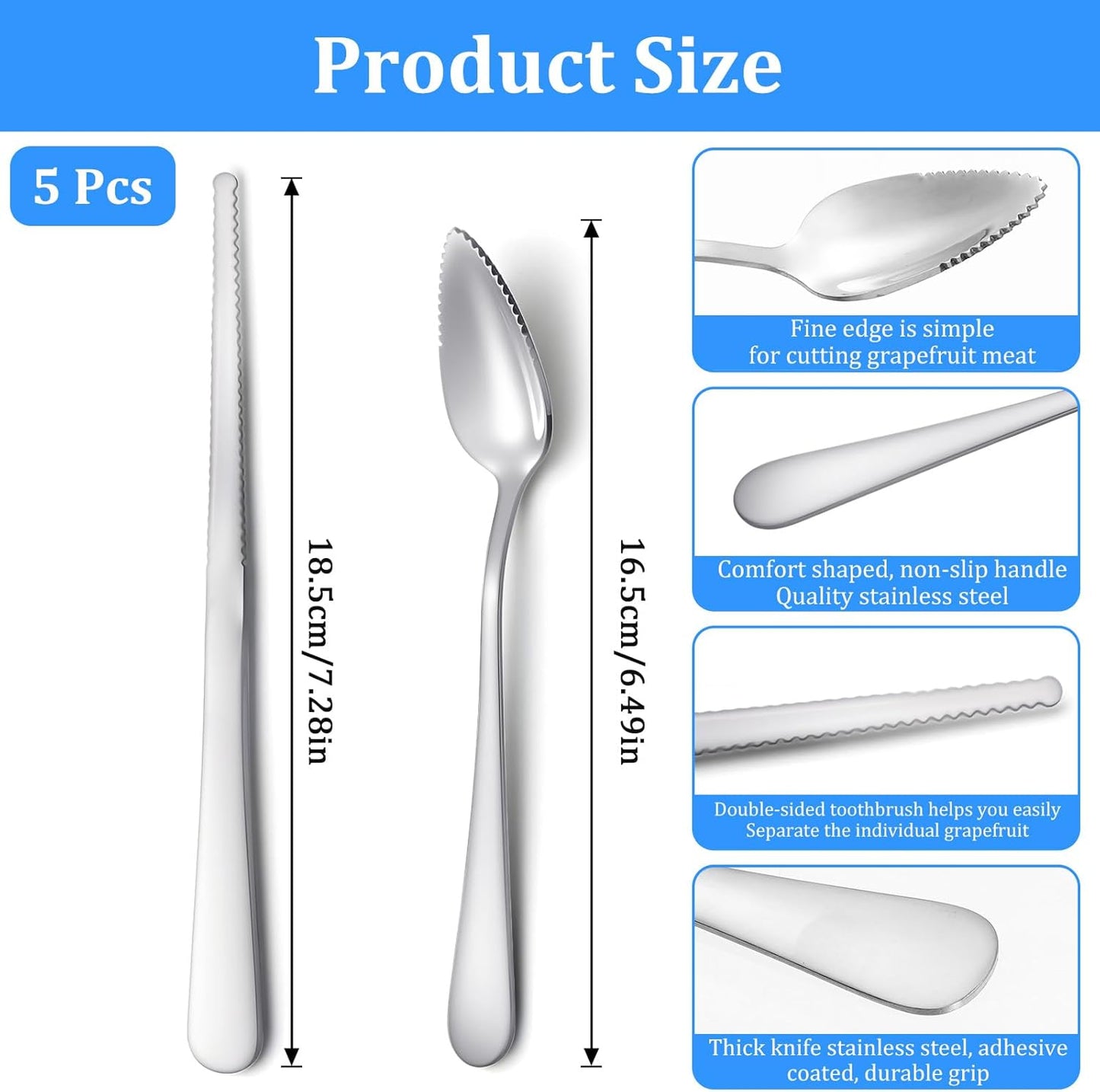 5Pcs Grapefruit Spoons & Knife Set, 4 Stainless Steel Grapefruit Spoon and 1 Grapefruit knife, Utensils With Serrated Edge & Thick Gauge Handle for Kiwi, Dessert, Apple, Citrus Fruit, Non-Stick