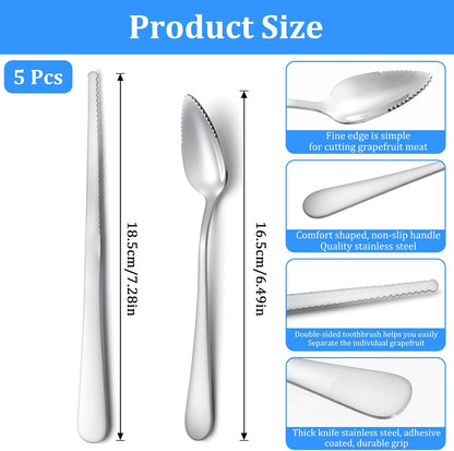 5Pcs Grapefruit Spoons & Knife Set, 4 Stainless Steel Grapefruit Spoon and 1 Grapefruit knife, Utensils With Serrated Edge & Thick Gauge Handle for Kiwi, Dessert, Apple, Citrus Fruit, Non-Stick