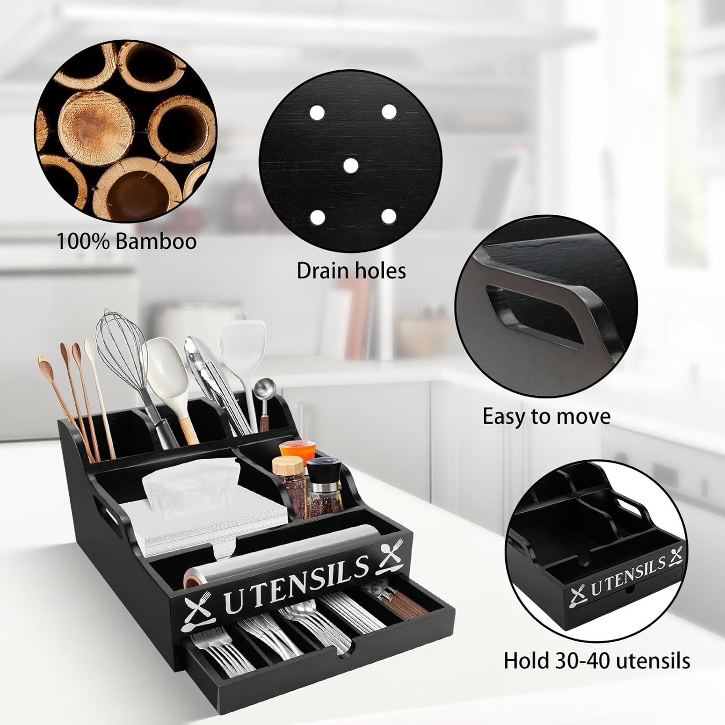Large Kitchen Utensil Holder with Drawer Organizer, Bamboo Silverware Organizer for Countertop, Cutlery Tray with Dividers for Flatware Spoon Forks Knives Cooking Tool (Black)