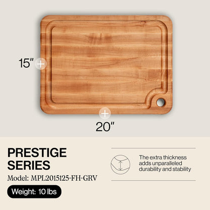 John Boos Prestige Series Rectangular Wooden Maple Cutting Board 18”x12” – 1.25” Thick, 8-lb Reversible Butcher Block with Juice Groove, Edge-Grain & Finger Grip Hole – Made in the USA