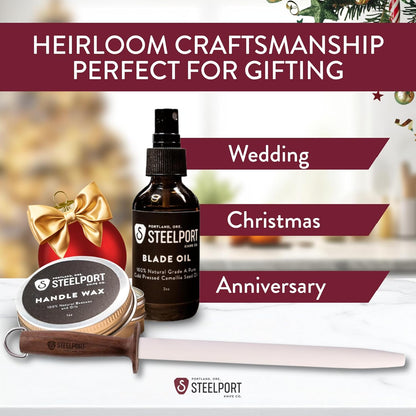 STEELPORT Knife Maintenance Gift Set | 12” Oval Ceramic Honing Rod, Carbon Steel Knife Care Kit (Camellia Oil, Handle Wax) | USA Made Professional Blade Maintaining, Wood Conditioning Oil, Wax Set