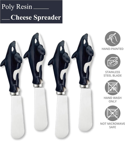 Supreme Housewares Blue Wash Sea Animals Cheese Spreaders, Hand-Painted Resin Handles with Stainless Steel Blades for Spreading Cream Cheese, Butter, and Jam, Assorted Designs, Set of 4
