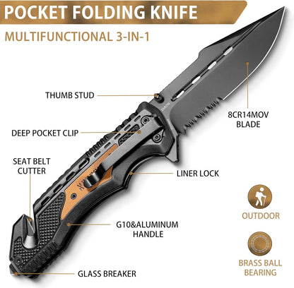 NedFoss Pocket Knife DA76, 3-in-1 Pocket Knife for Men Box Cutter, 3.7“ 8Cr14MoV Serrated Blade Folding Hunting Survival Knife with Liner-Lock Seat Belt Cutter & Glass Breaker,Tacical Knife for Camping, Outdoor, Ideal Gifts for Men Women (Serrated Edge)