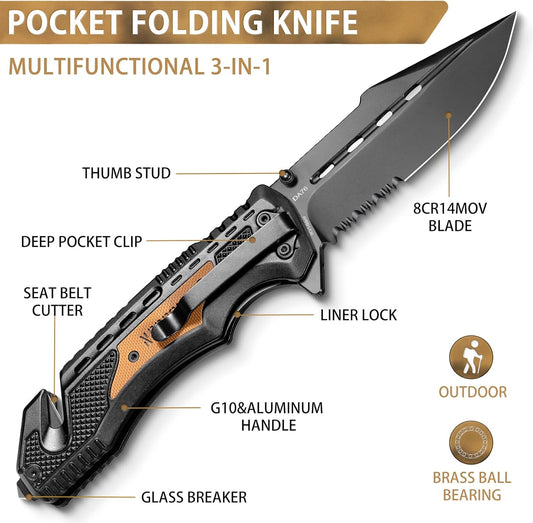 NedFoss Pocket Knife DA76, 3-in-1 Pocket Knife for Men Box Cutter, 3.7“ 8Cr14MoV Serrated Blade Folding Hunting Survival Knife with Liner-Lock Seat Belt Cutter & Glass Breaker,Tacical Knife for Camping, Outdoor, Ideal Gifts for Men Women (Serrated Edge)