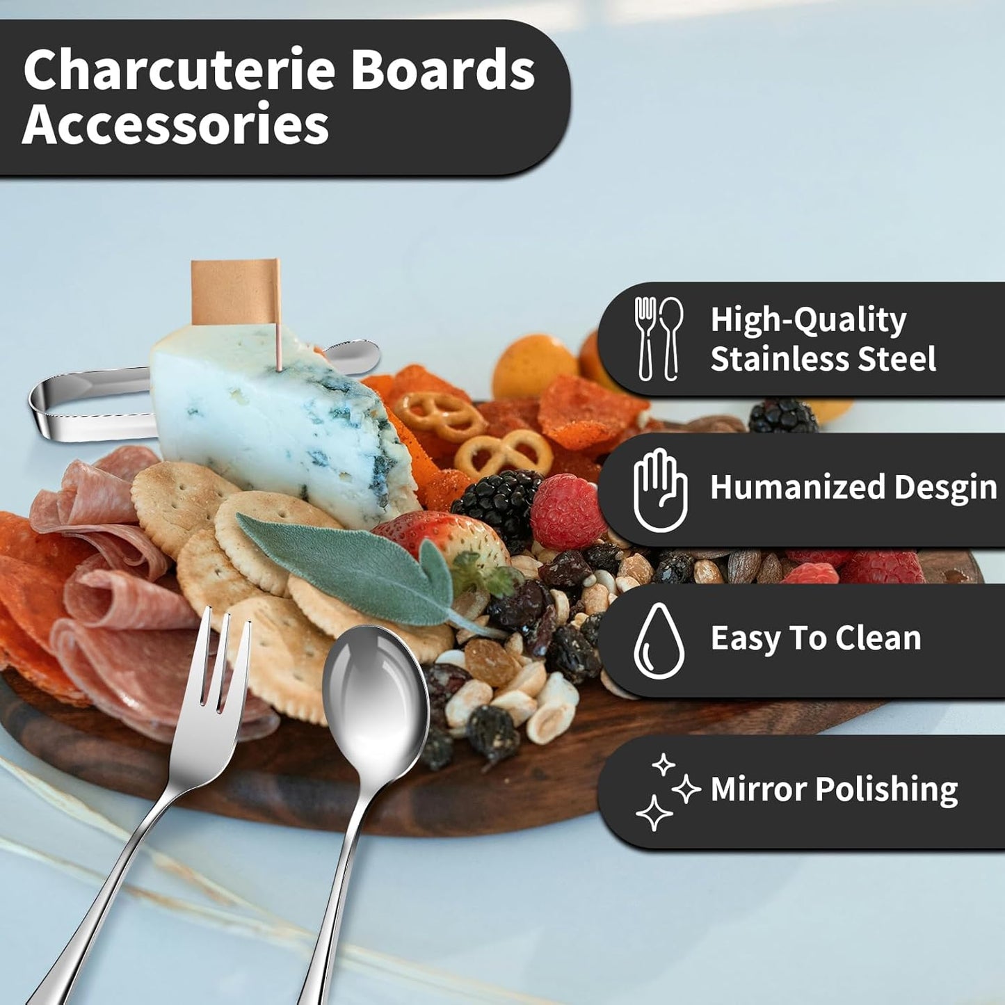 Charcuterie Boards Accessories(29 PCS) Cheese Spreaders for Charcuterie Board Mini Serving Spoon Fork Tongs Blank Toothpick Flags Bowl