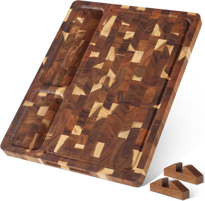 End Grain Cutting Board Double Sided, Walnut Wood Cutting Boards Butcher Block for Kitchen, Wooden Chopping Board with Deep Juice Groove, Handles, Stands & Mineral Oil Kit, 16.8" x 12.9" x 1"
