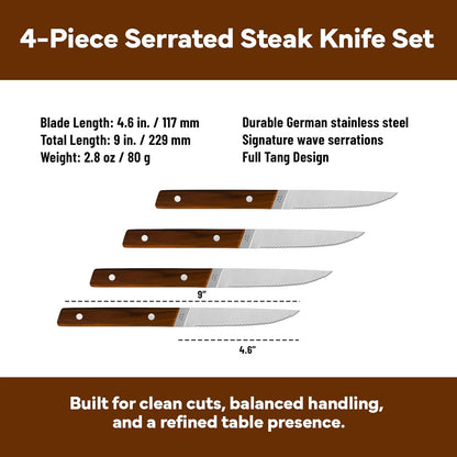 Misen Steak Knives Set of 4 - Precision Serrated Blades for Effortless Dining - Stainless Steel - Superior Cuts with Four Steak Knives Handles - Black
