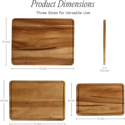 Sango Acacia Cutting Board Set with Juice Grooves and Partitions for Serving, 3-Piece- Wood Chopping Boards, Stackable & Reversible for Kitchen, Non-Toxic, Perfect as Butcher Block Countertop, Atelier