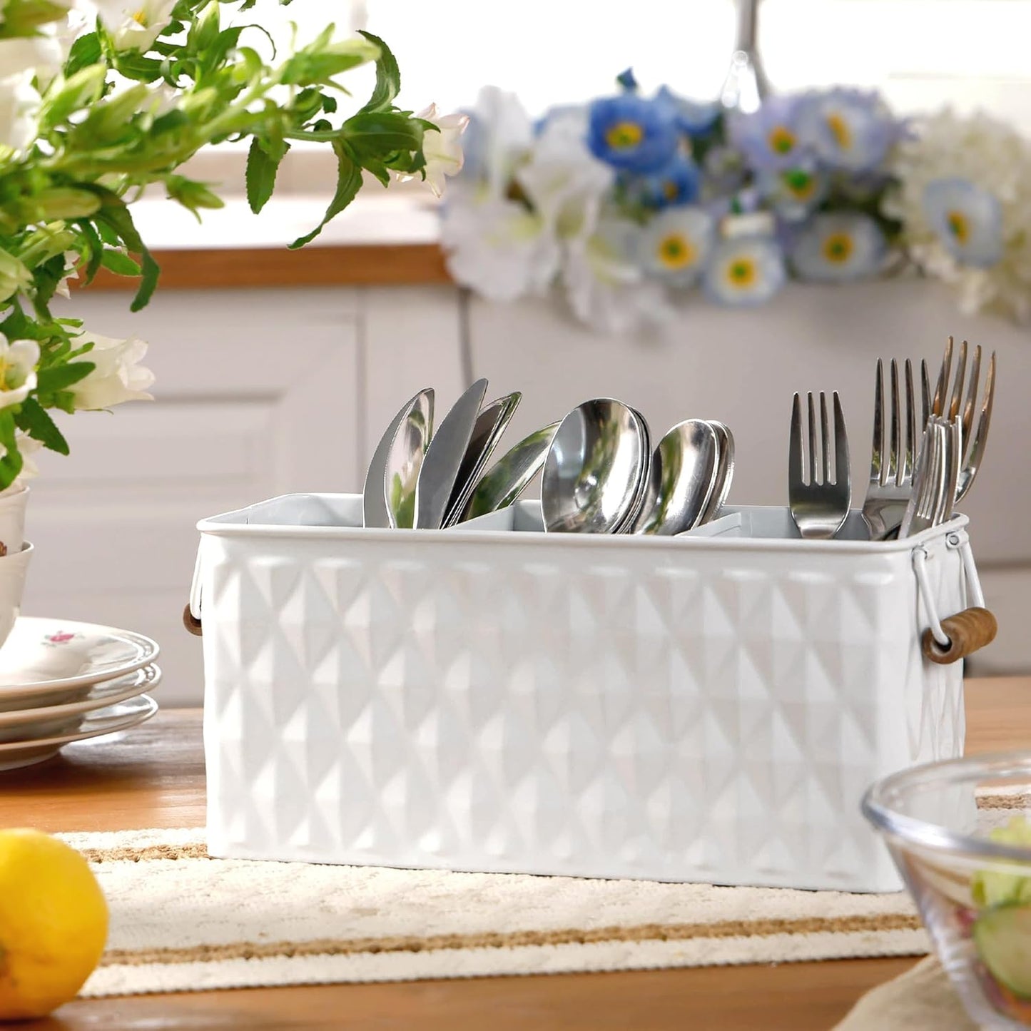 Silverware Caddy for Party Kitchen Flatware Holder for Countertop Metal White Honeycomb Pattern Embossed Cutlery Organizer with 3 Compartments for Utensils, Spoons, Knives, Forks, Cups,