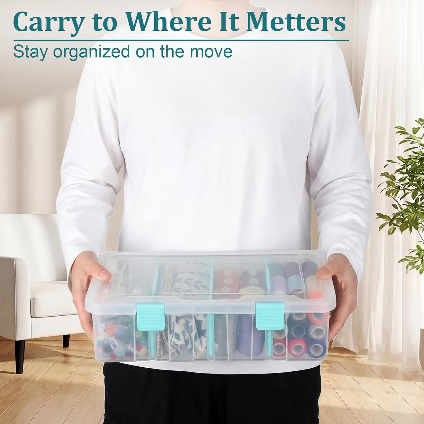 BTSKY Clear Plastic Dividing Storage Box with 4 Compartments Adjustable Storage Bin with Lid Plastic Craft Storage Container Multipurpose Sewing Box Art Supply Organizer, 13.3x8.1x3.4 Inches