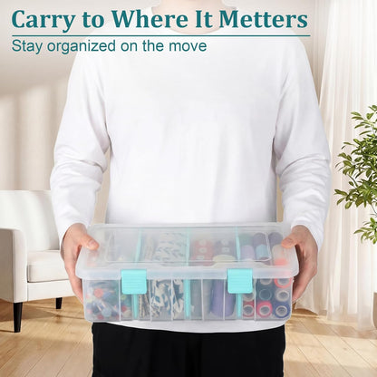BTSKY Clear Plastic Dividing Storage Box with 4 Compartments Adjustable Storage Bin with Lid Plastic Craft Storage Container Multipurpose Sewing Box Art Supply Organizer, 13.3x8.1x3.4 Inches