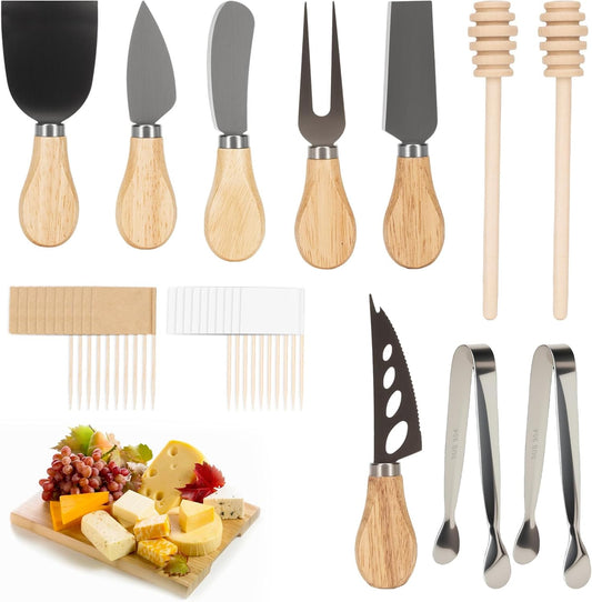 Charcuterie Boards Accessories, Cheese Knife Set, Cheese Board Set with Wooden Handle, Butter Knives Spreader Forks Tongs Honey Dipper and Toothpick Flags for Party Platter Making (11 Pack)