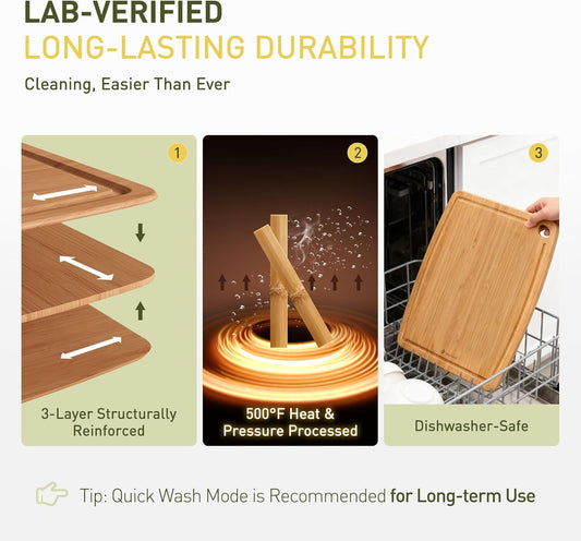 Lightweight Durable Bamboo Cutting Board with Non-Slip Feet, Non Toxic Wooden Cutting Board for Kitchen Heat-Resistant Chopping & Charcuterie Board with Juice Groove Kitchen Essentials for Meat