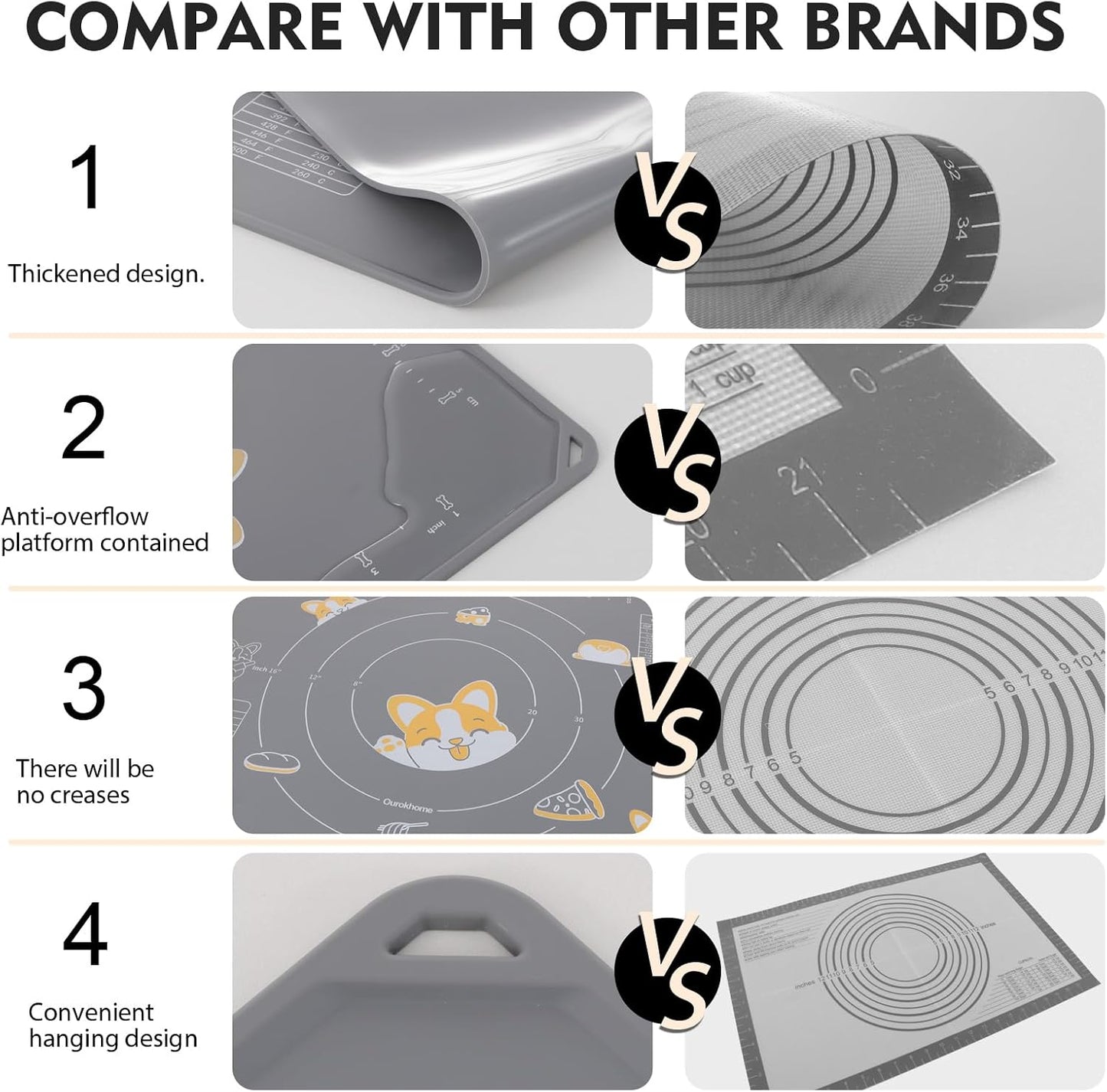 Ourokhome Silicone Baking Mat Sheet and Pastry Dough Cutter, 0.5 Inch Thick 20'' X 16" BPA free Silicone Rolling Mat, Non-Stick and Anti-Slip, Dishwasher Safe (Beige)