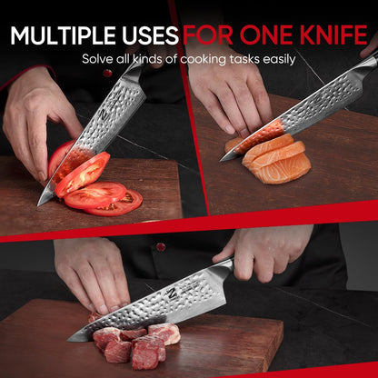 【Exclusive】 Gyuto Knife, 8 Inch Japanese Chef Knife, Handmade Forged 5-Layer VG10 High Carbon Steel, Hammered Finish Rust-Resistant Blade, Ergonomic Sandalwood G10 Handle Kitchen Knife with Gift Box