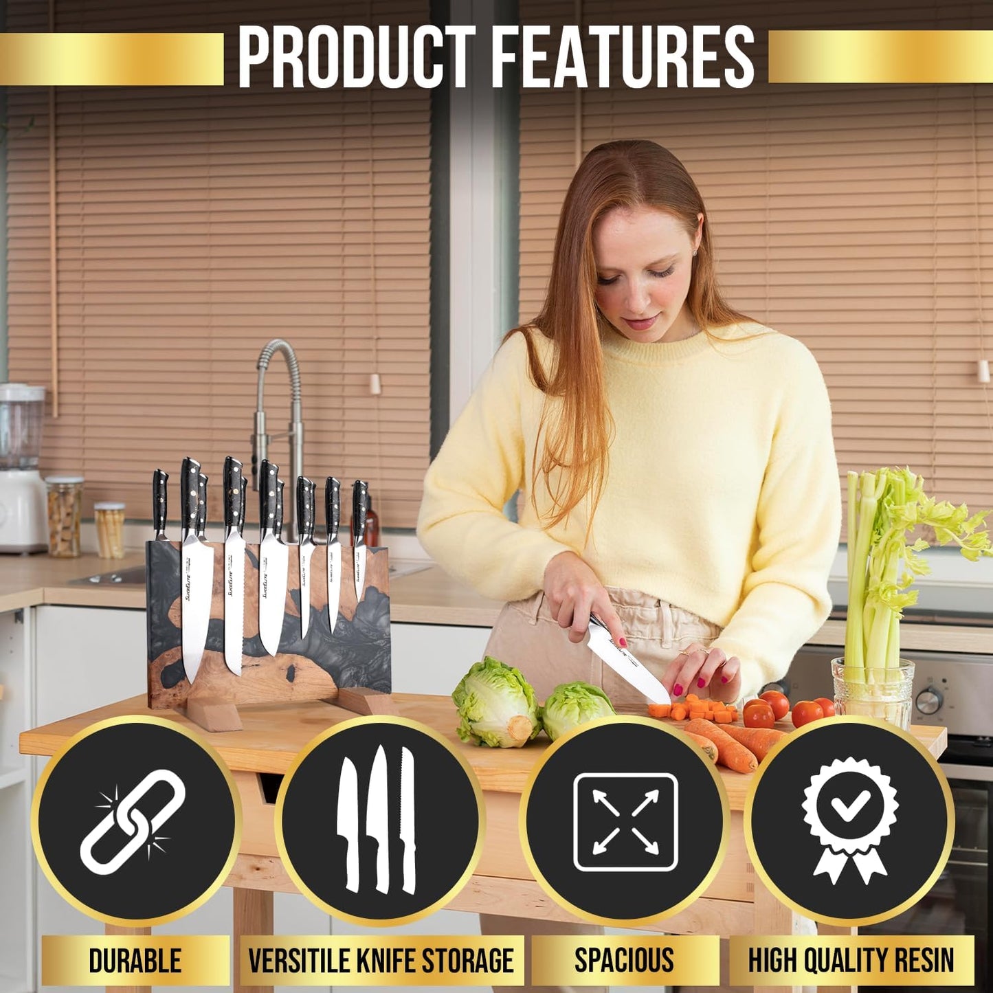 SliceElite Magnetic Knife Block Double Sided Holder East Indian Walnut Black Resin Dual Surface Magnet Storage for Knives on Kitchen Countertop Holds Up To 20 Knives