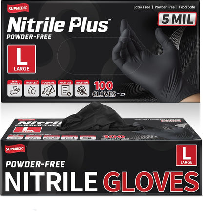 Supmedic Disposable Nitrile Gloves, 5Mil Chemical Resistant Powder-Free Latex-Free Glove Exam Cook Tattoo, Black Blue 100Pcs