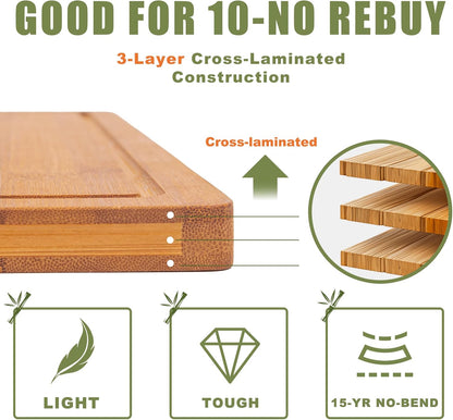 3-Piece Organic Bamboo Cutting Board Set for Kitchen - Carbonized Extra Sturdy Chopping Boards with Juice Grooves - Knife-Friendly Multi-Size (15", 12", 9") for Meat & Veggies - Housewarming Gift Box