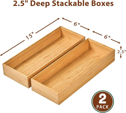 Umilife Bamboo Kitchen Utensils Organizer, Extra Long High Silverware Drawer Holder, Flatware Cutlery Storage Box, Multi-Use Drawer Divider in Office, Bathroom, Pantry - 17"x6"x2.5" (Set of 2)