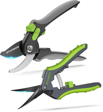 2pcs 6.5" Pruning Shears for Gardening, Ultra Sharp Garden Scissors for Precise Cuts, Stainless Steel Bonsai Clippers with Spring Loaded, 6.5 Inch Garden Shears (1pc Straight & 1pc Curved)