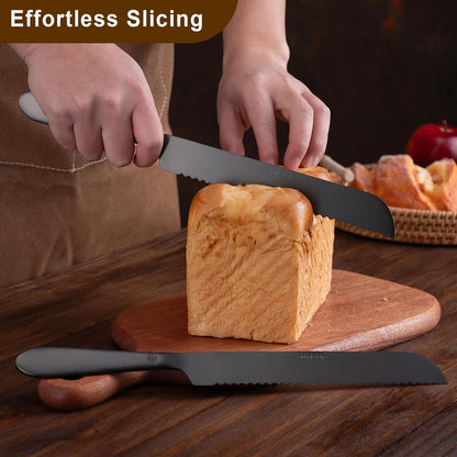 Eisinly Bread Cutting Knife, 13 Inches Serrated Bread Knives for Homemade Bread, Stainless Steel Long Bread Slicing Knife for Baker, Baking Lover, 2PCS Matte Black