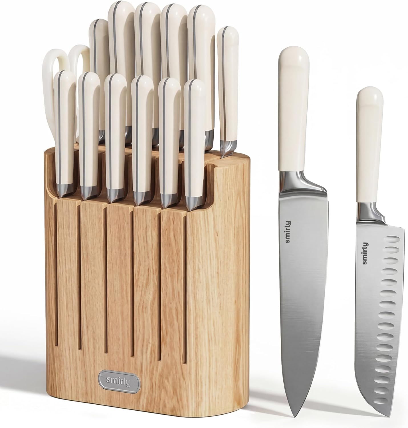 SMIRLY 14-Piece Kitchen Knife Set with Magnetic Block, High Carbon Stainless Steel Chef Knives, Ultra Sharp, Dishwasher Safe, Cream White