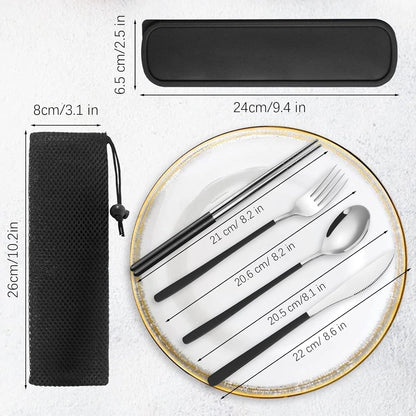 Black Portable Flatware Cutlery Set, TWUTGAYW Stainless Steel Travel Utensils with Case, Reusable Chopsticks Knife Spoons and Forks Set, Gold Camping Utensils Set for Lunch, Office, School, Picnic