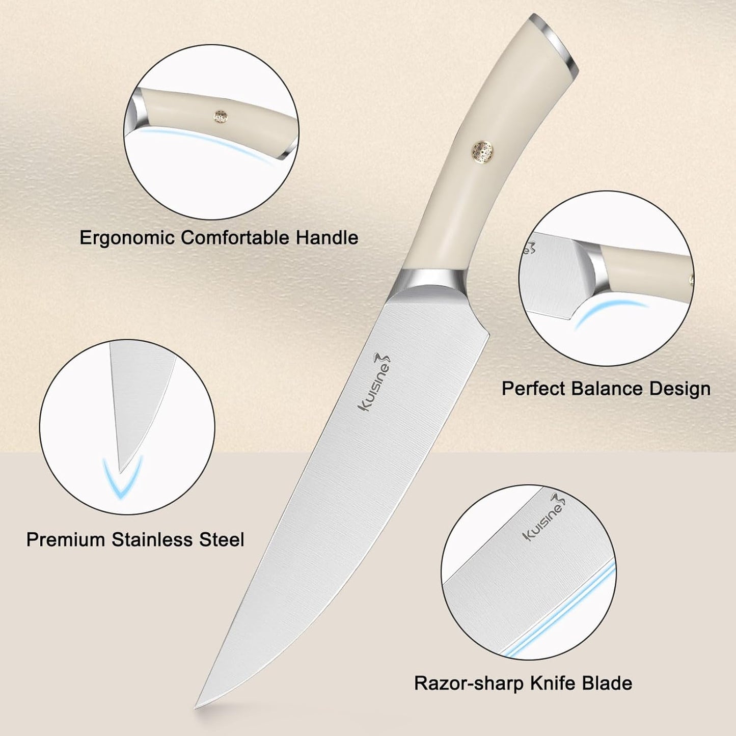 Kuisine Knife Set with Block and Sharpener, High Carbon Stainless Steel Chef Knife block Set for Kitchen（15 PCS Pro White）