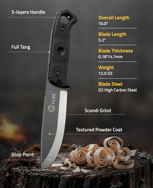 CVLIFE Fixed Blade Knife with Sheath, 5.2" D2 Steel Full Tang Survival Bushcraft Knife, Scandi Grind, 5-Layer Handle with G10 Liners, Heavy Duty Hunting Camping Knives for Men, Green