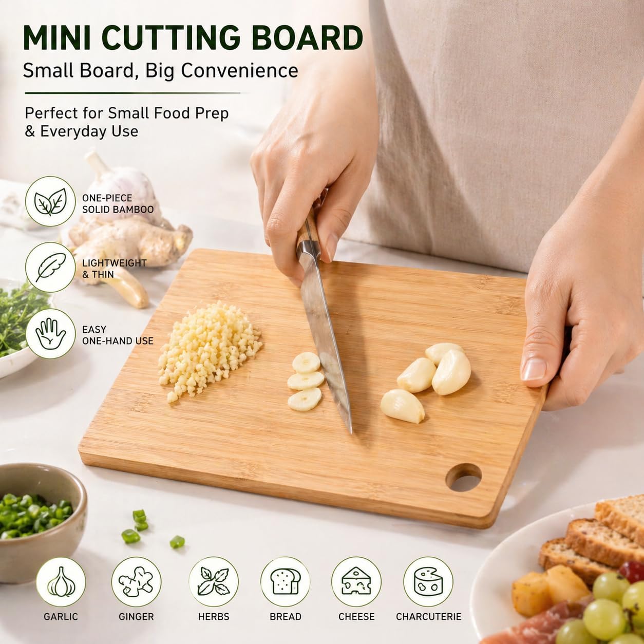 Mini Cutting Board for Small Food Prep – 11.8 x 7.3" Glue-Free One-Piece Solid Bamboo, Lightweight & Easy One-Hand Use, Perfect for Chopping Garlic, Ginger, Herbs & Serving Bread, Cheese, Charcuterie