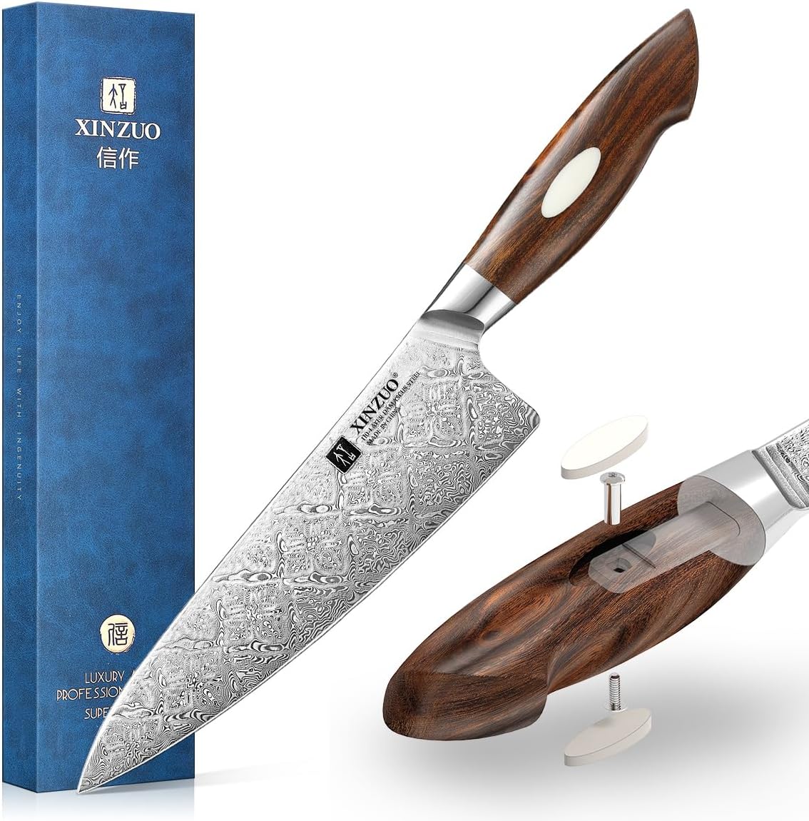 XINZUO 8.3 Inch,110 Layers Damascus Steel Chef Knife Cleaver, Professional Hand Forged Kitchen Cooking Knife,Full Tang,Sharp Slicing Knife Gyuto Knife-North America Desert lron Wood Handle