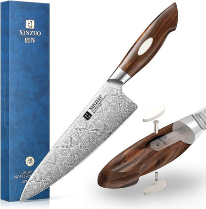 XINZUO 8.3 Inch,110 Layers Damascus Steel Chef Knife Cleaver, Professional Hand Forged Kitchen Cooking Knife,Full Tang,Sharp Slicing Knife Gyuto Knife-North America Desert lron Wood Handle