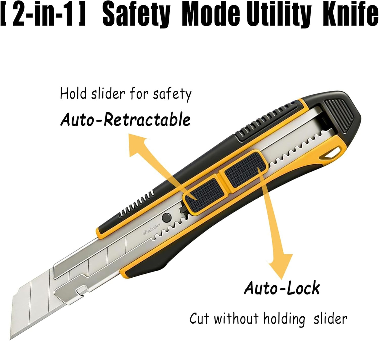 2-In-1 Safety Utility Knife 2 Pack Heavy Duty Retractable Box Cutter Set with 4 extra Wide 25mm Razor Sharp Blades for Cardboard, Boxes, DIY Crafts