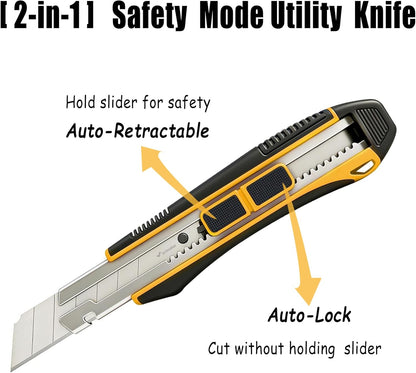 2-In-1 Safety Utility Knife 2 Pack Heavy Duty Retractable Box Cutter Set with 4 extra Wide 25mm Razor Sharp Blades for Cardboard, Boxes, DIY Crafts
