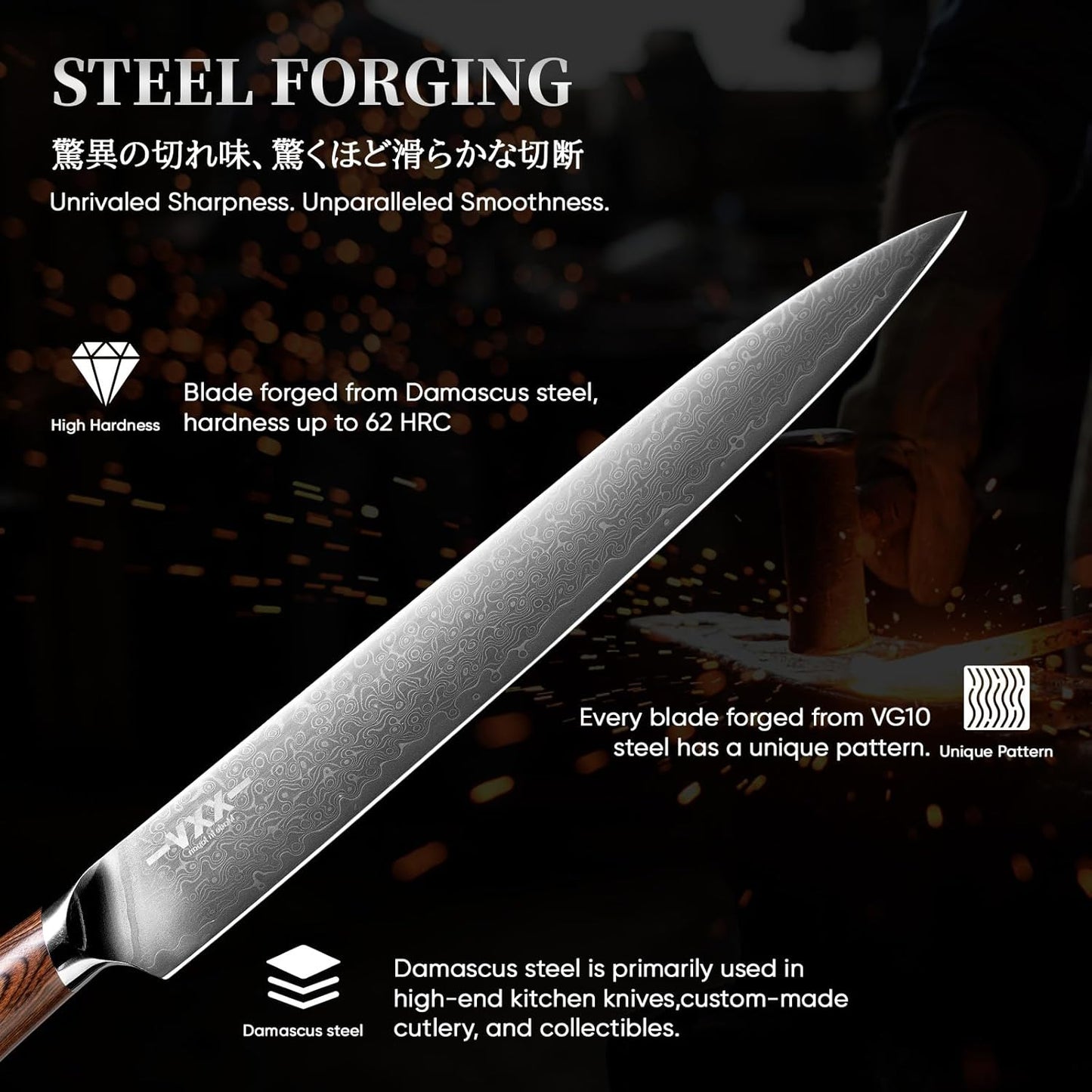 XXV 10 Inch Sashimi Knife, Steel VG10 Damascus Steel Hardness of 62 HRC Sushi Knives,Chef's Knife Knives with Sandalwood Handle for Fish Filleting yanagiknife