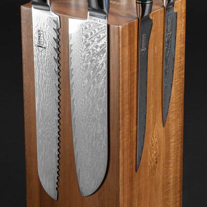 SENKEN Rotating Magnetic Knife Block without Knives, Natural Acacia Hardwood - 360 Degrees Rotation - Ultra Strong Neodymium Magnets, Universal Knife Holder & Storage (Block with Steak Knife Slots)